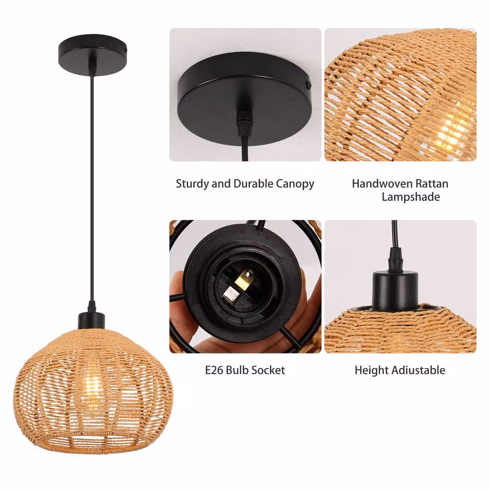 NIVOR Brown Rattan Single Globe Pendant Ceiling Lamp with Bohemian Farmhouse Style – 6