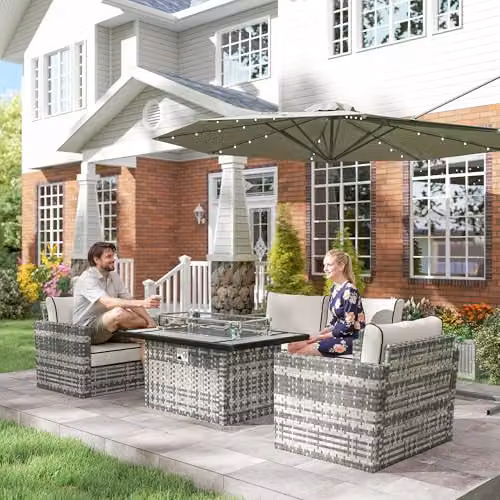 Outsunny 5 Piece Grey Polyrattan Garden Furniture Set with Outdoor Coffee Table, 2 Seater Sofa, Armchairs and Upholstered Cushions – 7