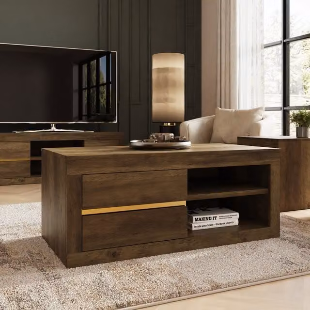 GFW Astley Modern Rectangular Coffee Table in Wild Oak and Gold