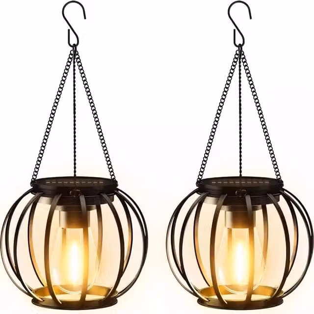 VOGREX 2-Piece Set of Black Metal Outdoor Solar Lanterns with Warm White Light and IP65 Waterproof Rating