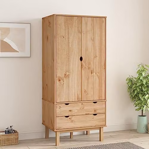 vidaXL Scandinavian Wardrobe in Brown with Hinged Doors and Internal Drawers, Solid Pine and MDF, H 172 x W 76.5 x D 53 cm – 2
