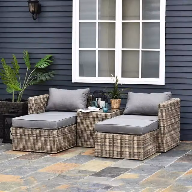 Chilli Seating 5 Piece Modern Rattan Garden Furniture Set in Brown and Grey