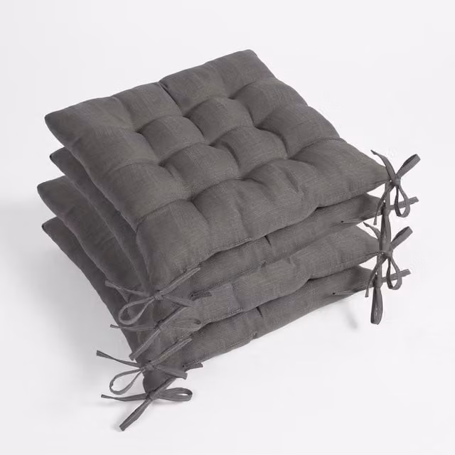 OHS Pack of 4 Grey Linen Quilted Square Dining Chair Seat Pads with Removable Covers
