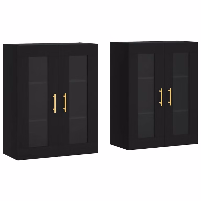 Berkfield Home Set of 2 Black Wall Mounted Cabinets with Glass Doors and Internal Shelves