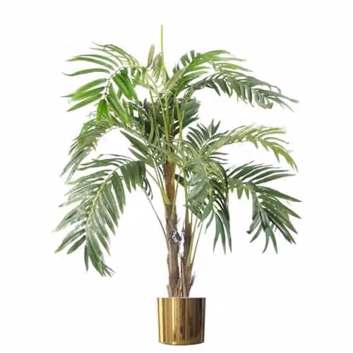Leaf Design UK Realistic Artificial Green Palm Tree with Gold Metal Planter, Height: 120 cm