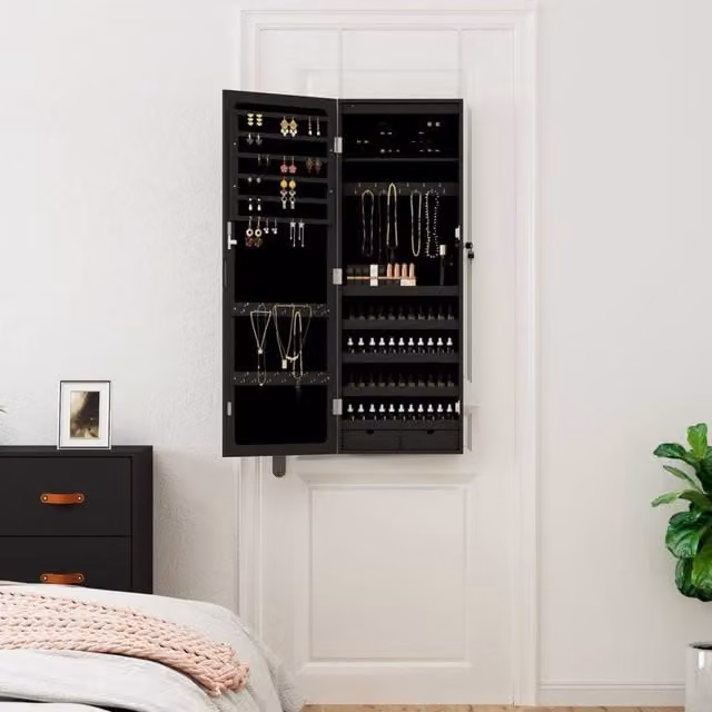 Berkfield Home Wall Mounted Mirror Jewellery Cabinet with LED Lights and Lock, Black, H 106.0 x W 37.5 x D 10.0 cm