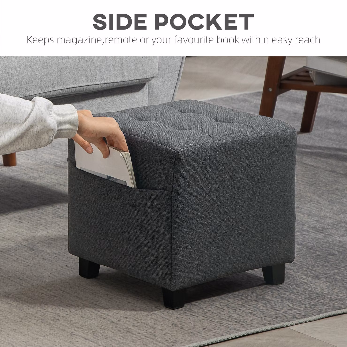 HOMCOM Square Linen Fabric Footstool in Grey with Rubberwood Legs, W/D/H: 35 x 35 x 35 cm – 5