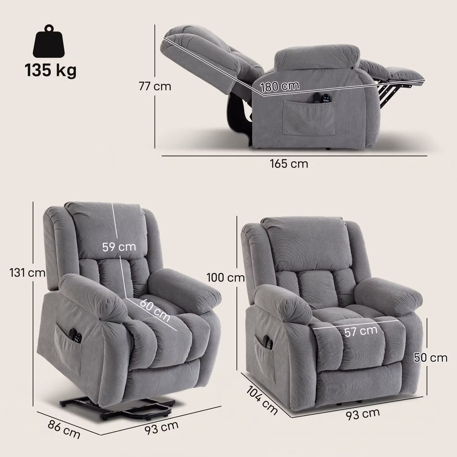 HOMCOM Electric Recliner Lift Chair with Massage, Heat and USB Port in Light Grey – 3