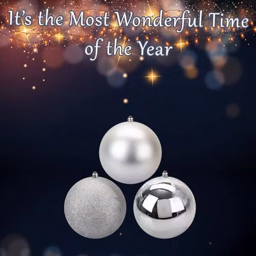 VFM e-Store Set of 3 Silver Round Christmas Bauble Hanging Tree Ornaments, 14 cm – 3
