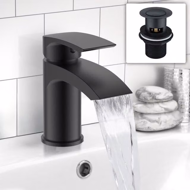Nes Home Matt Black Mini Cloakroom Bathroom Basin Mono Mixer Tap with Pop Up Waste – 1