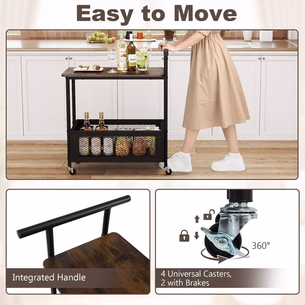 Gymax 2-Tier Industrial Rolling End Table with Handle and Mesh Basket in Brown – 6