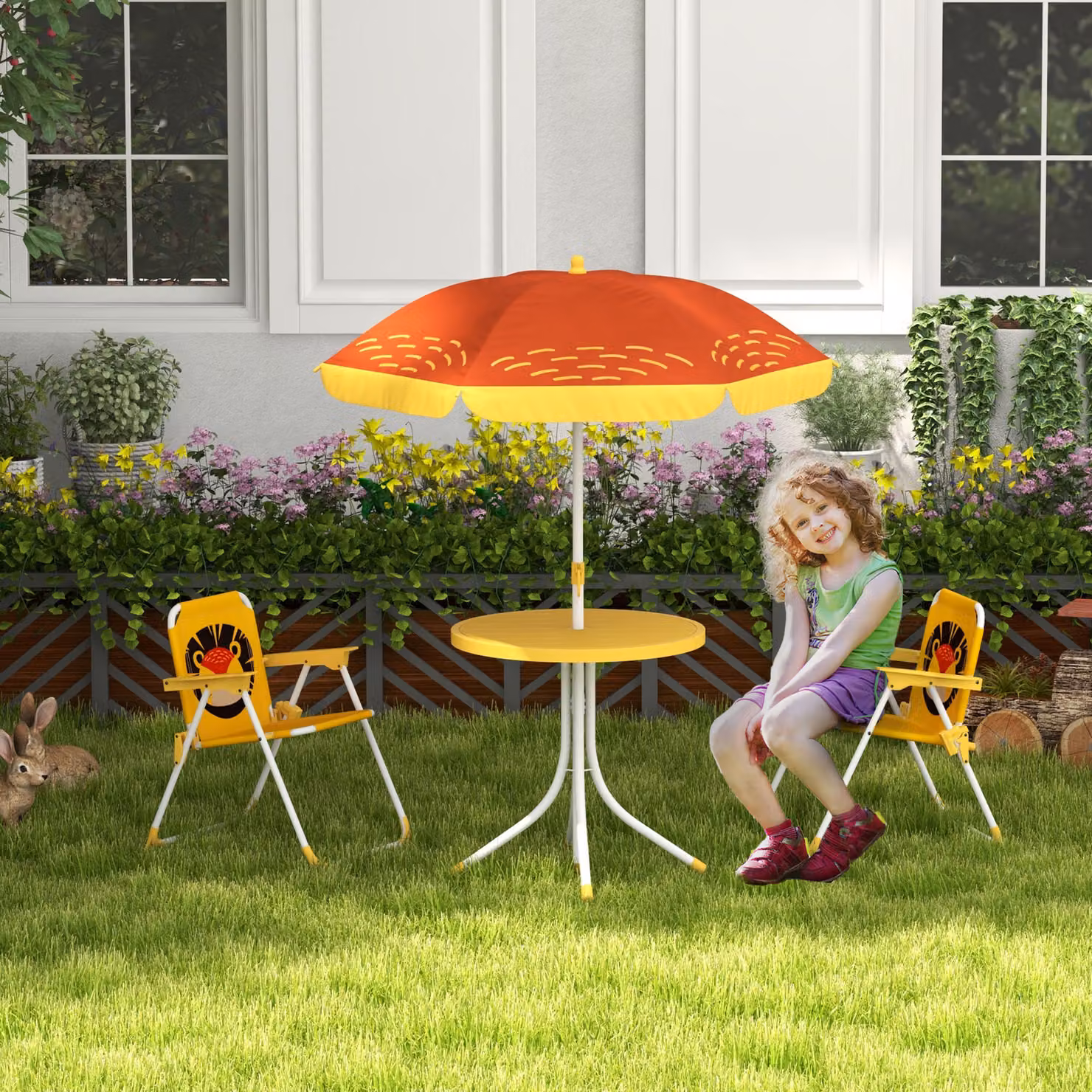 Outsunny Lion Themed Kids Outdoor Picnic Table and Chair Set with Adjustable Parasol, Yellow – 2
