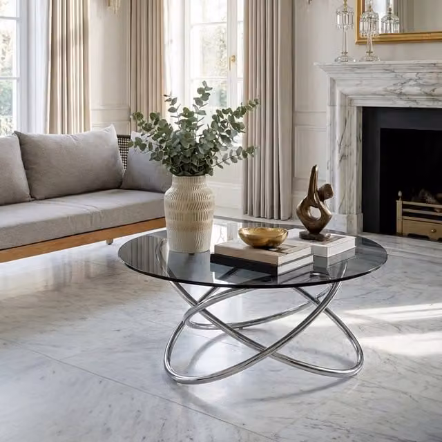 Orsina Modern Round Smoke Glass Top Coffee Table in Grey, W/D/H: 100 x 100 x 41 cm – 1