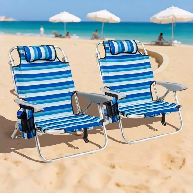 Kelvenix Set of 2 Blue Heavy-Duty Outdoor Lounge Recliner Folding Beach Chairs with Textilene Fabric and Powder Coated Aluminium Frame – 1