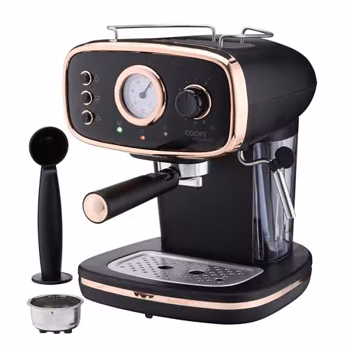 Cooks Professional 15-Bar Retro Espresso Coffee Machine with Steam Wand and 1.2L Removable Water Tank in Black and Copper – 1
