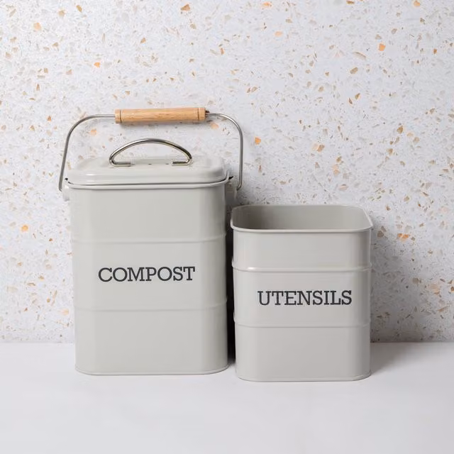 Living Nostalgia 2-Piece Stainless Steel Storage Set with Compost Bin and Utensil Pot in Grey