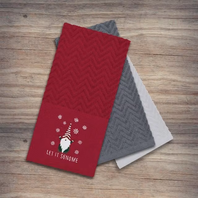 Noel Square Super Absorbent Fast Drying Cotton Tea Towels, 3 Pack, Red and Multicolour