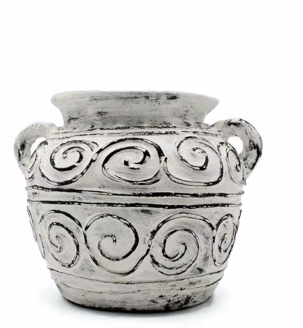 KDMK Classic Round Ceramic Clay Plant Pot in Beige, White and Silver, Diameter: 15 cm