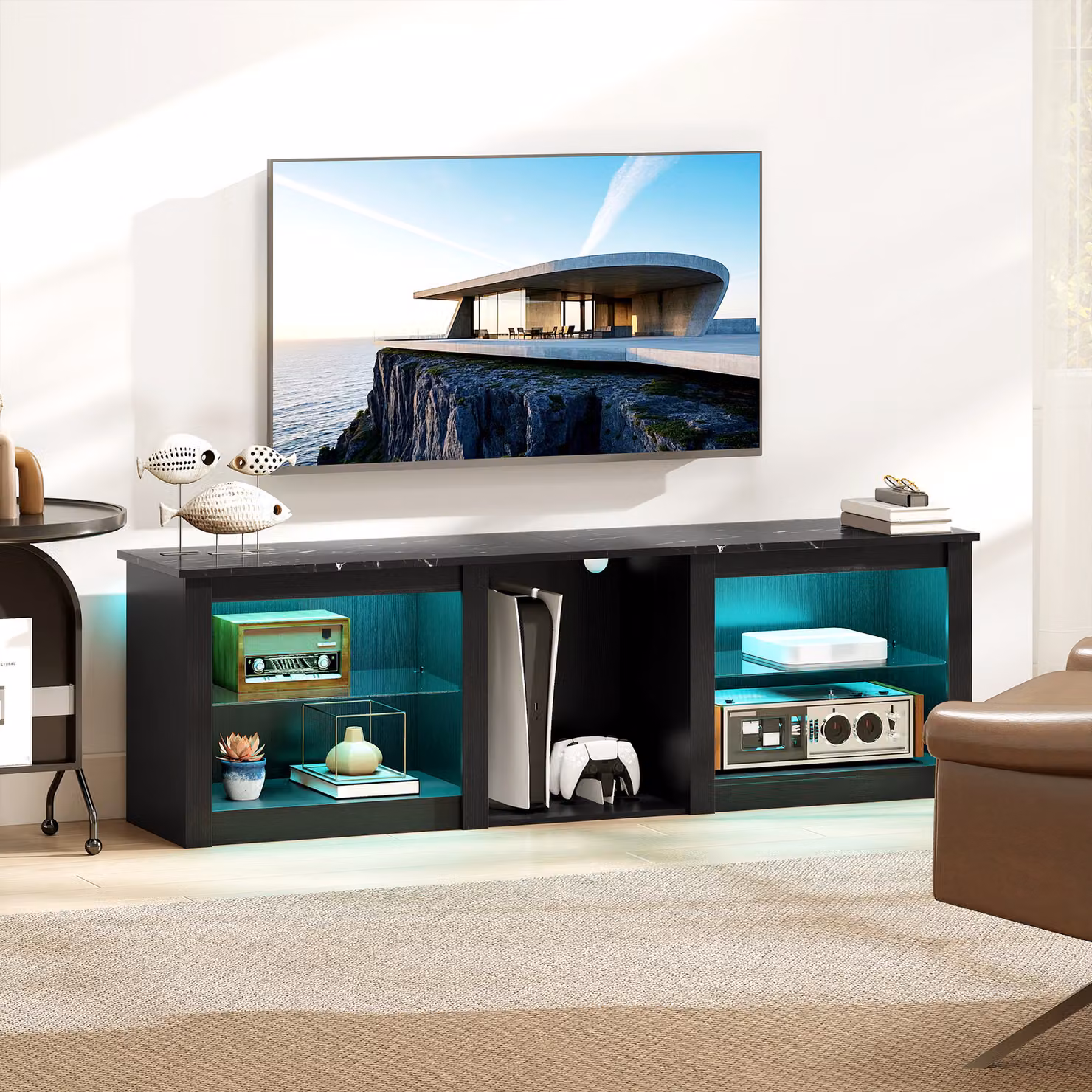 HOMCOM Modern 65 inch TV Stand with LED Lights and Storage in Black – 2