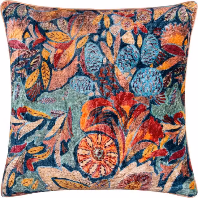 Hebonne Floral Velvet Piped Square Cushion in Multicolour