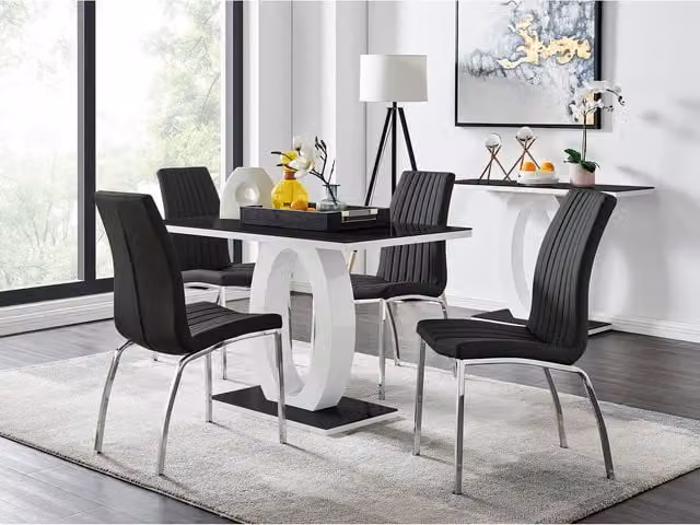 FurnitureboxUK Giovani Black Dining Set with Rectangular Glass Table and Four Isco Faux Leather Chairs