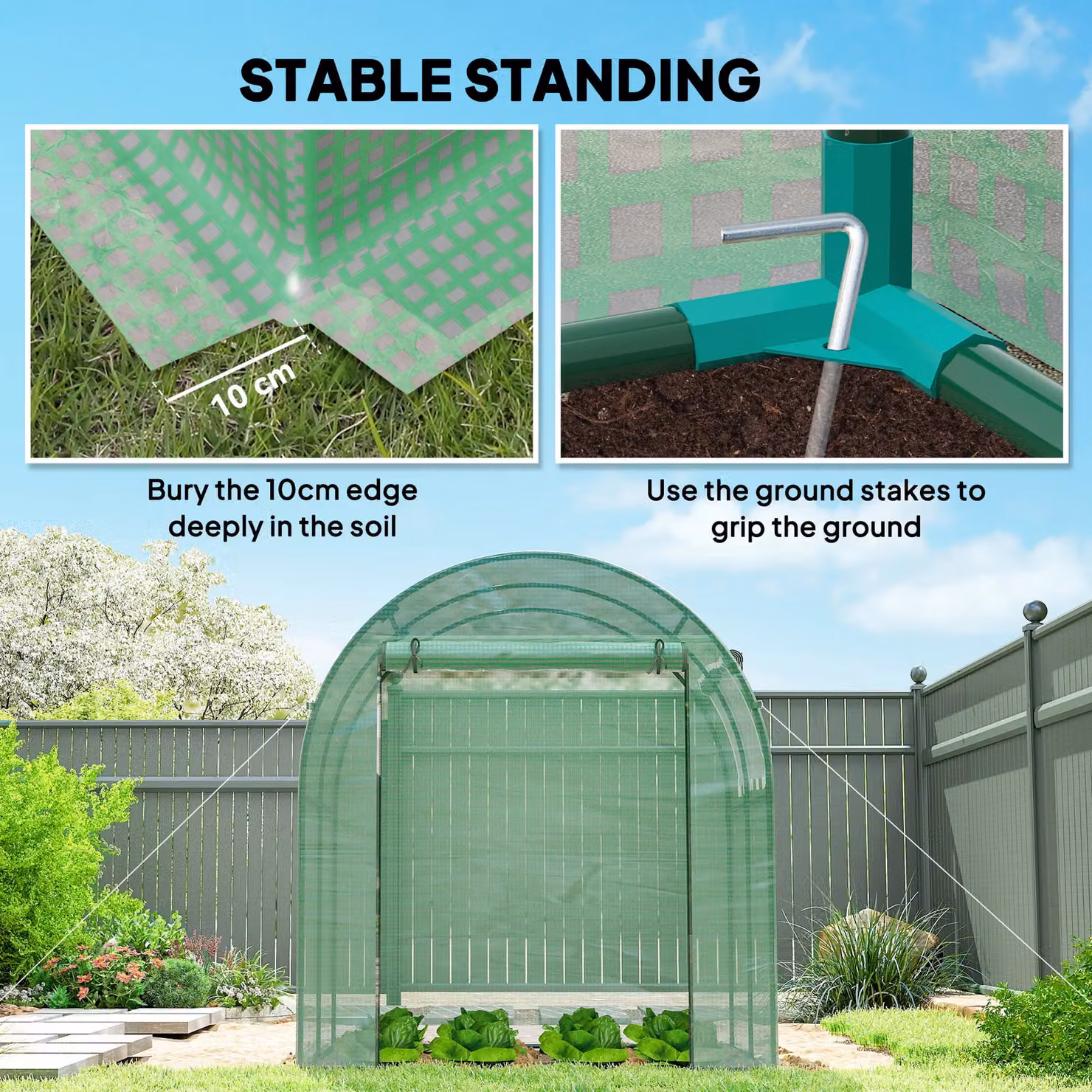 Outsunny Green Walk-in Polytunnel Greenhouse with Steel Frame, Roll-up Window and Door, W/D/H: 3.25 x 4.0 x 2.0 m – 3