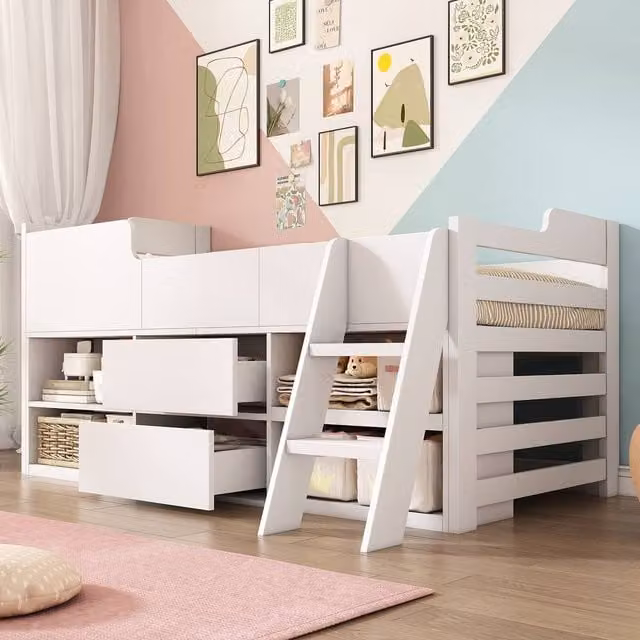 ModernLuxe Cabin Single Bed for Children with Storage Drawers and Bedside Shelf, White, W/D/H: 190 x 90 x 94 cm – 1