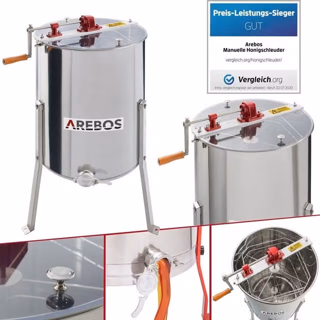 AREBOS Manual 4-Comb Honeycomb Spinner Honey Extractor, Silver Stainless Steel and Mesh, Round