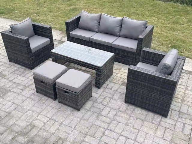 Fimous Rattan Garden Furniture Set in Dark Grey with Oblong Rectangular Coffee Table and 2 Chairs – 1