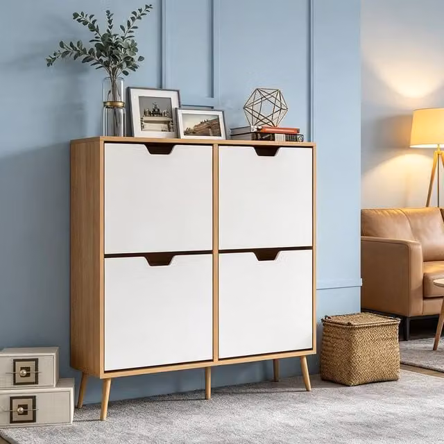 ERGOVEXA Scandinavian Style Freestanding Shoe Storage Cabinet with 8 Tilting Compartments in Brown and White