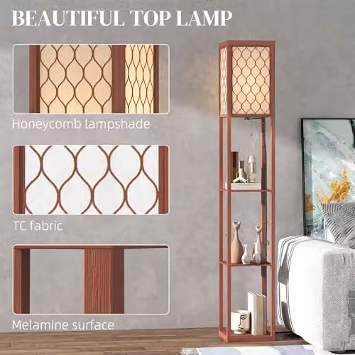 HOMCOM Modern Floor Lamp with 3 Shelves and Fabric Lampshade in Brown, Height: 160 cm – 3