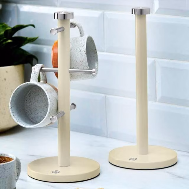 Swan Freestanding Towel Pole and Mug Tree Set in Black and White with Weighted Base