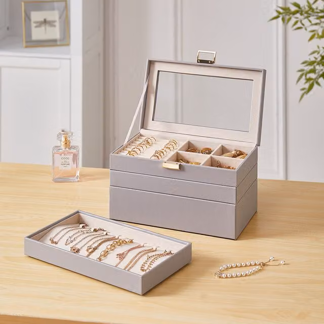 Komore Stackable Grey Cardboard Jewellery Box with Transparent Lid