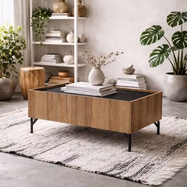 Wyld Haus Hillerod Modern Rectangular Coffee Table in Natural Oak and Black with 2 Drawers – 1