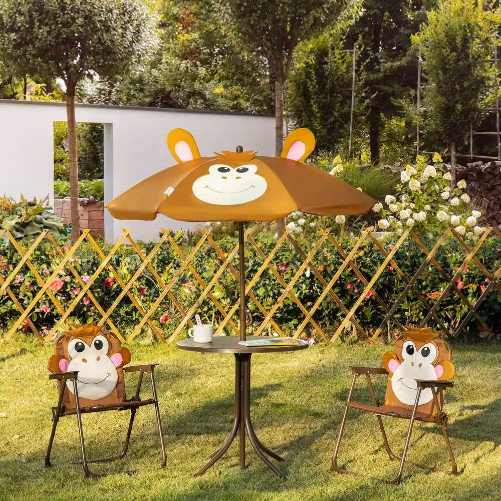 STILVORA Kids Garden Set with Folding Chairs and Umbrella in Brown – 3