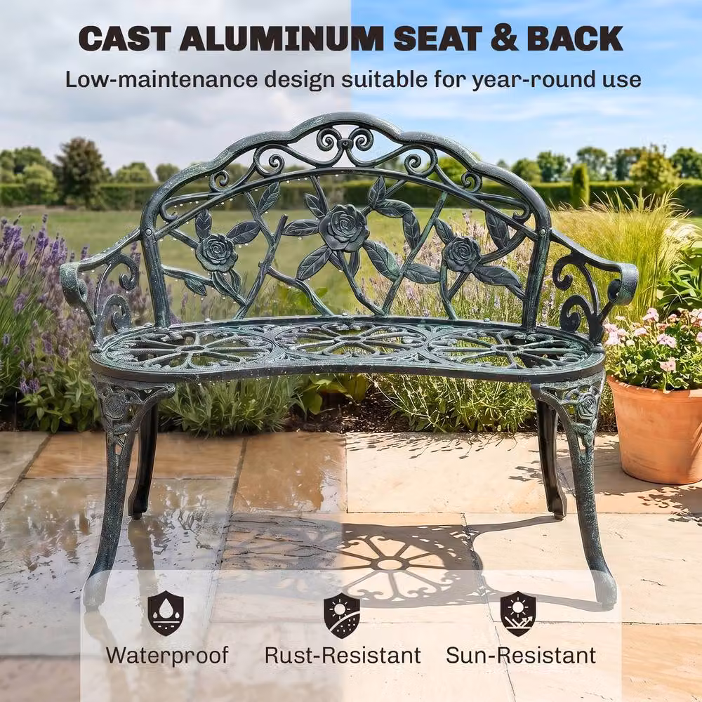 Outsunny Antique Rose Style Powder Coated Aluminium Garden Bench in Green – 9