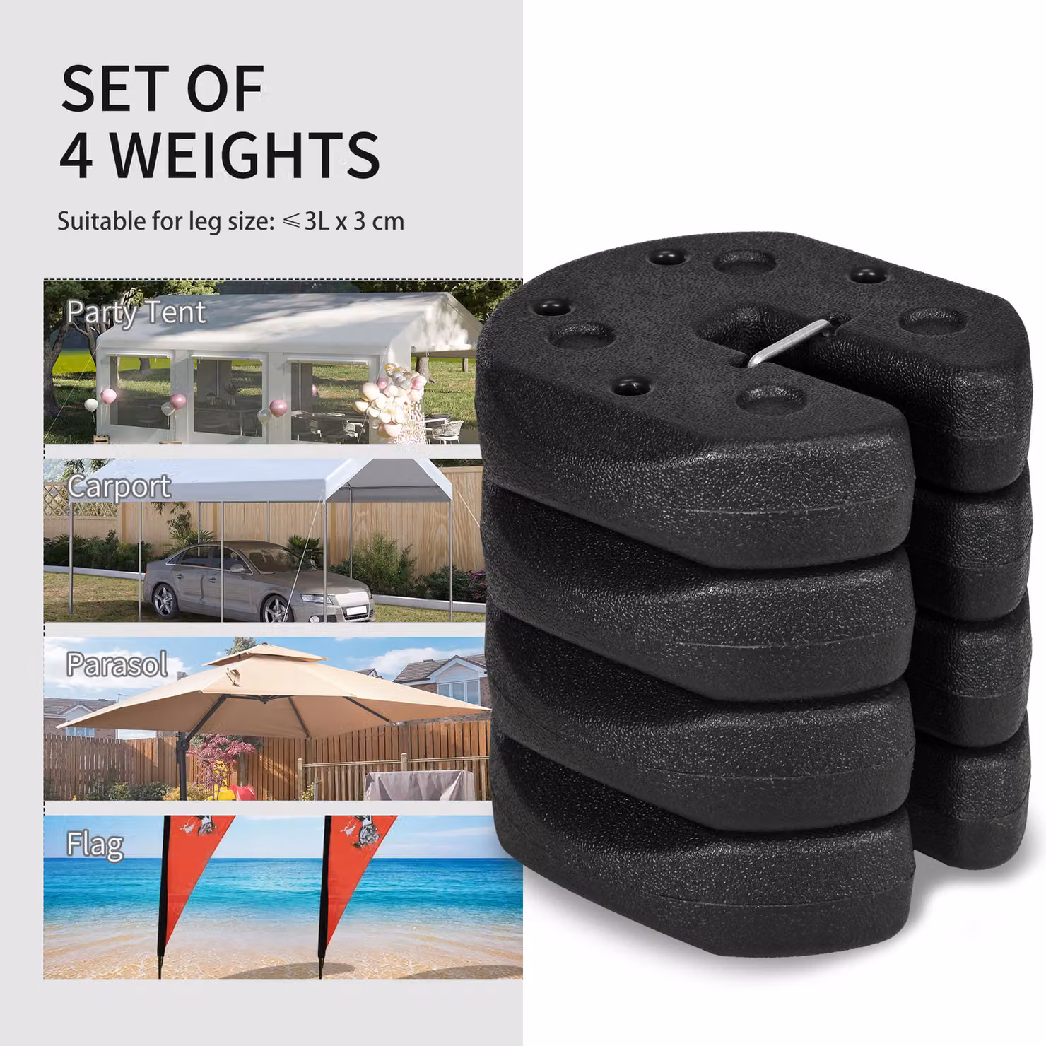 Outsunny Gazebo Leg Weight Set of 4, 12kg Black Weights with Reinforcement Pins and Carry Belt for Canopies, Marquees and Tents – 4