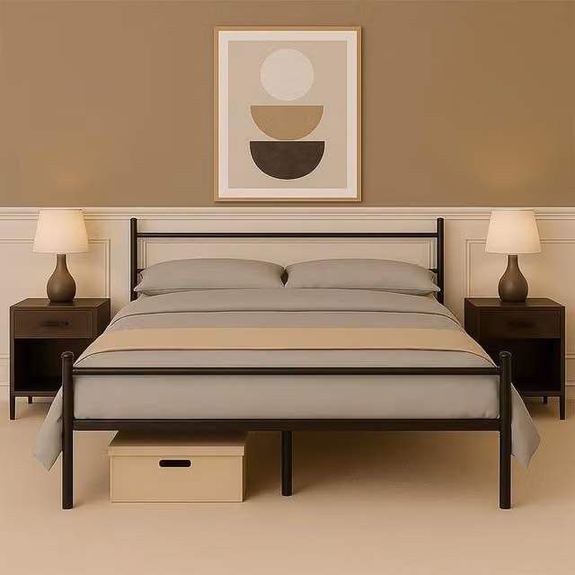House of Home Modern Lacquered Metal Double Bed Frame, Black, W/D/H: 140 x 200 cm