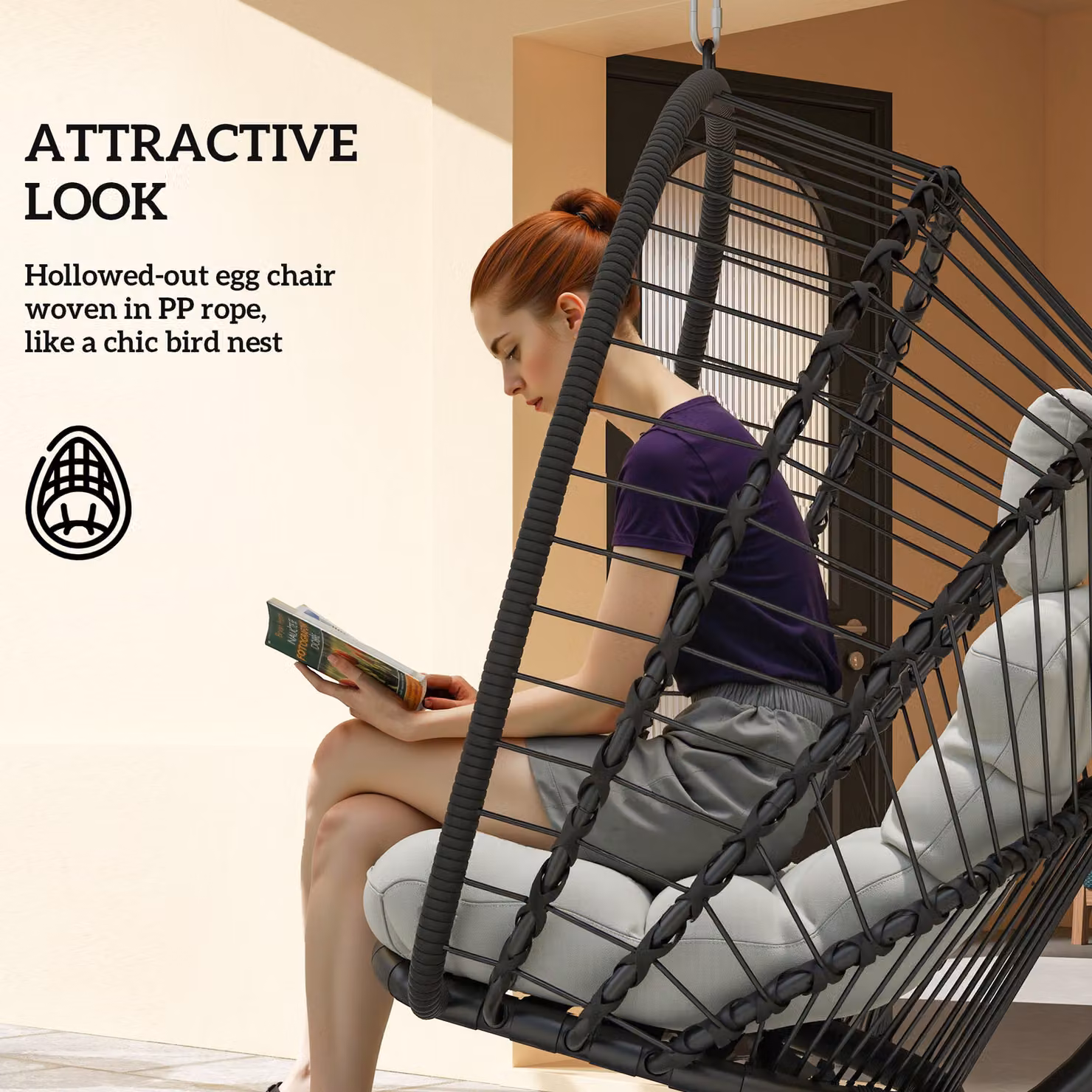 Outsunny Black PE Rattan Egg Swing Chair with Metal Stand, Cushions and Adjustable Headrest for Indoor and Outdoor Use – 6