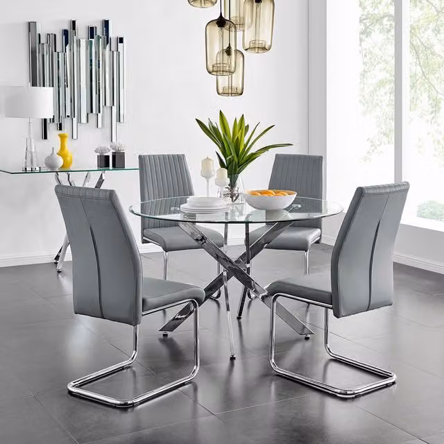 FurnitureboxUK Novara Round Glass Dining Table and 4 Lorenzo Chairs Set in Grey, Diameter: 120 cm