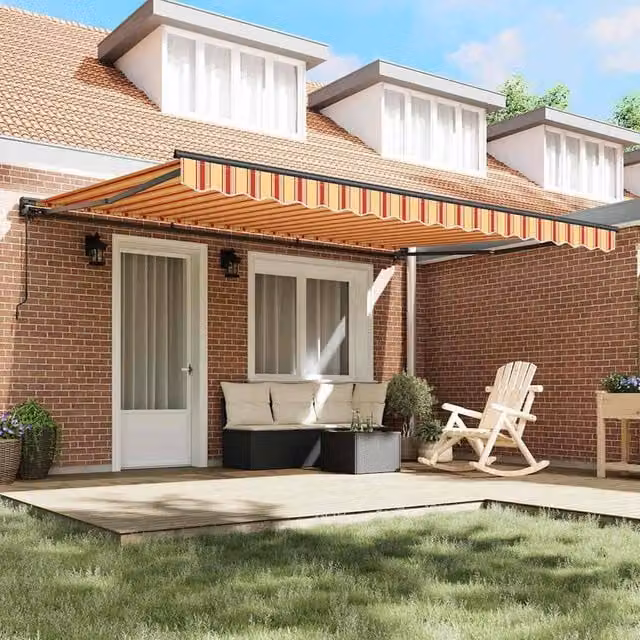 Berkfield Home Manual Retractable Folding Arm Awning in Yellow, Orange and Multicolour, W: 450 cm, D: 300 cm – 1