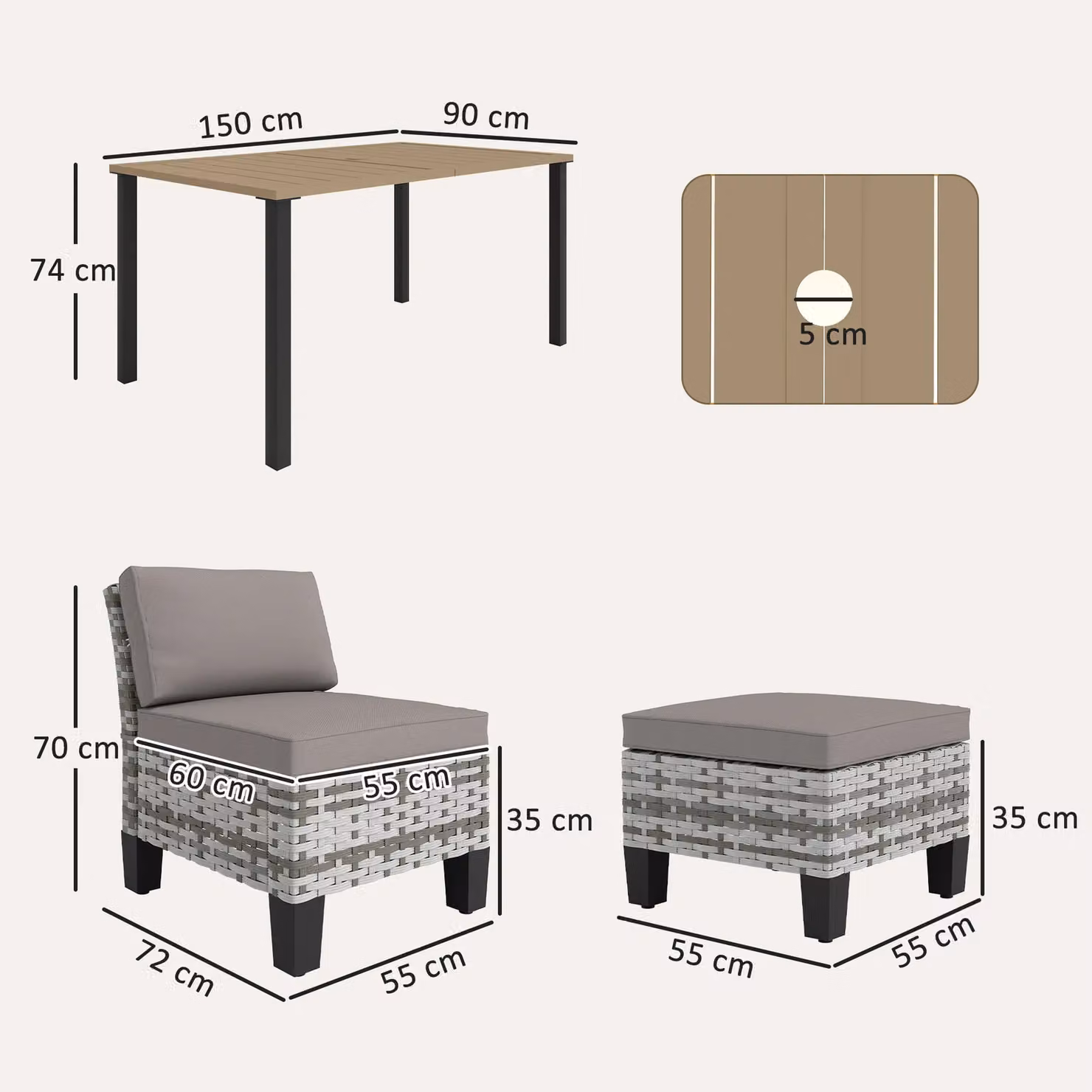 Outsunny 7-Piece Grey Polyrattan Garden Dining Set with Metal Frame and Cushions – 3