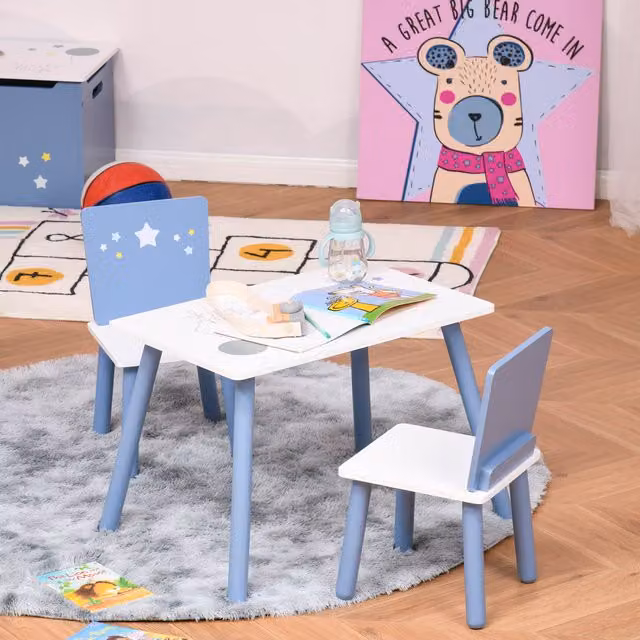 HOMCOM 3 Piece Kids Table and Chairs Set with Pine Wood Legs in Blue and White