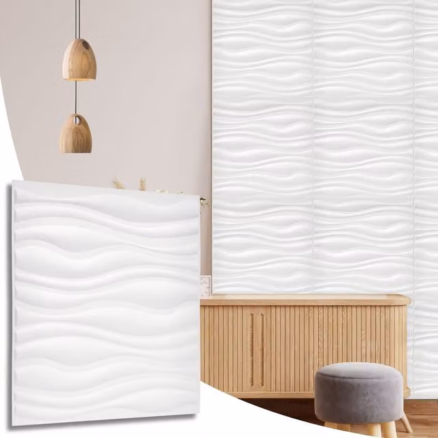 NOVECRAFTO Matte White 3D PVC Wall Panels with Wave Effect Design, W: 50 cm x H: 50 cm