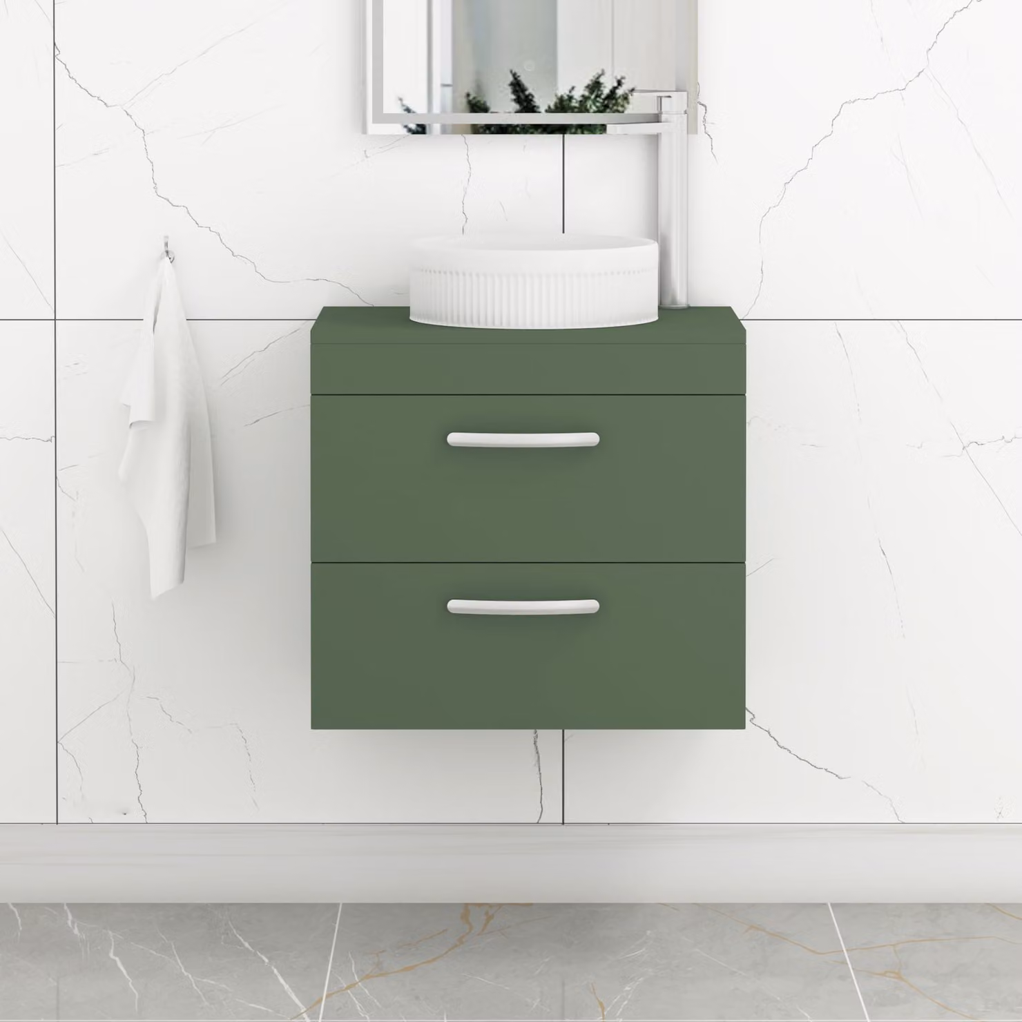 Royal Bathrooms Turin 800mm Wall Hung Vanity Unit with 2 Drawers and Round Countertop Basin in Matt Green