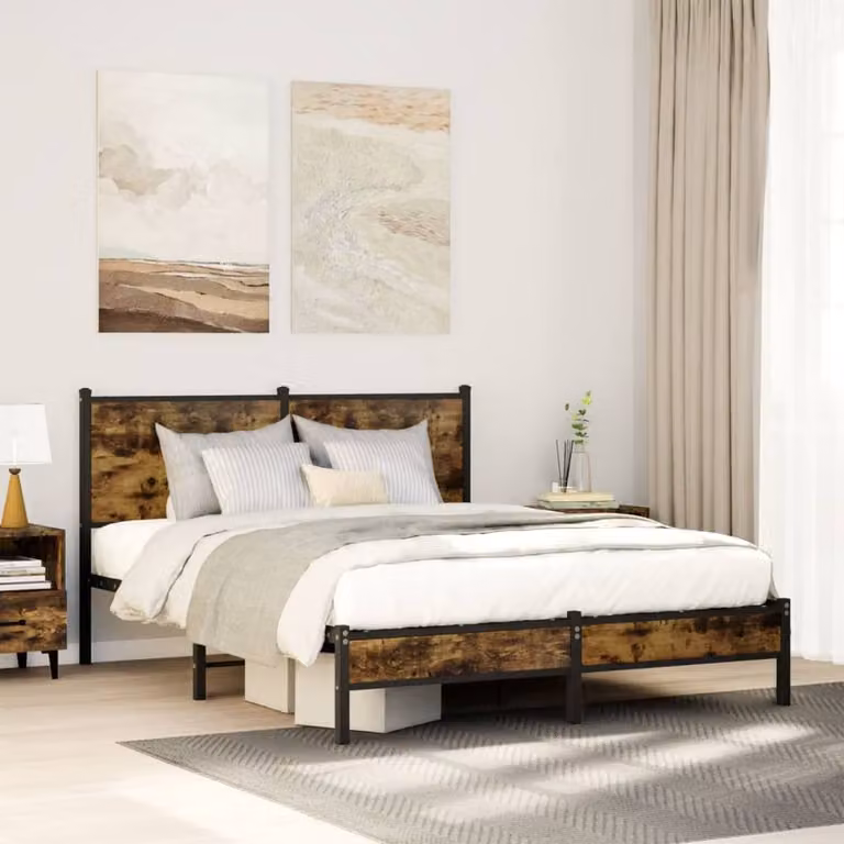 Berkfield Home Industrial Metal and Wood Bed Frame in Smoked Oak Brown, W/D/H: 137 x 190 x 91.5 cm