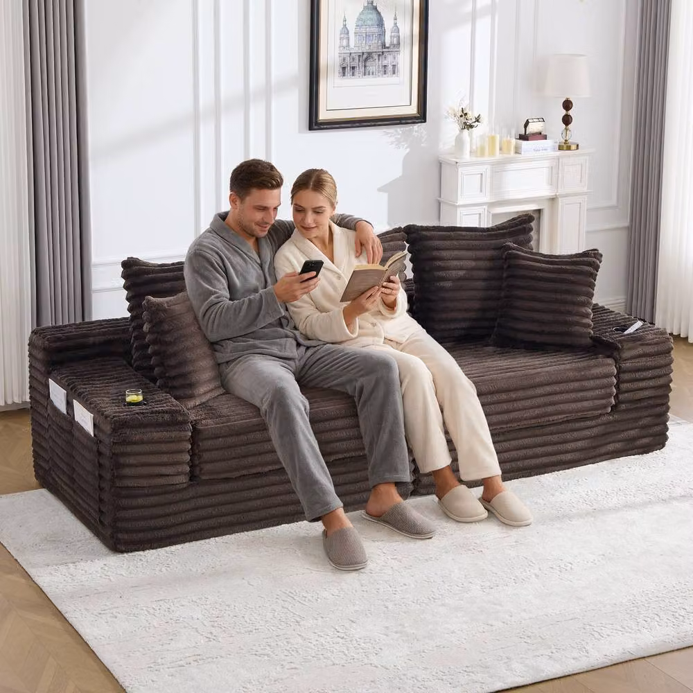 FENCHILIN Modular Convertible Sleeper Sofa with Cup Holders and Side Pockets in Dark Brown – 8