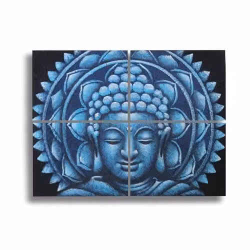 Ancient Wisdom Set of 4 Blue Buddha Mandala Brocade Detail Canvas Wall Hangings, W: 30 cm, H: 40 cm – 1