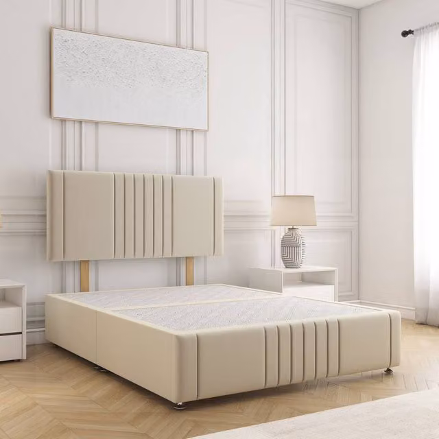 BSSPOKE Hazel Divan Bed with 24 inch Headboard in Beige Plush Velvet, Small Double, W/D/H: 120 x 200 cm