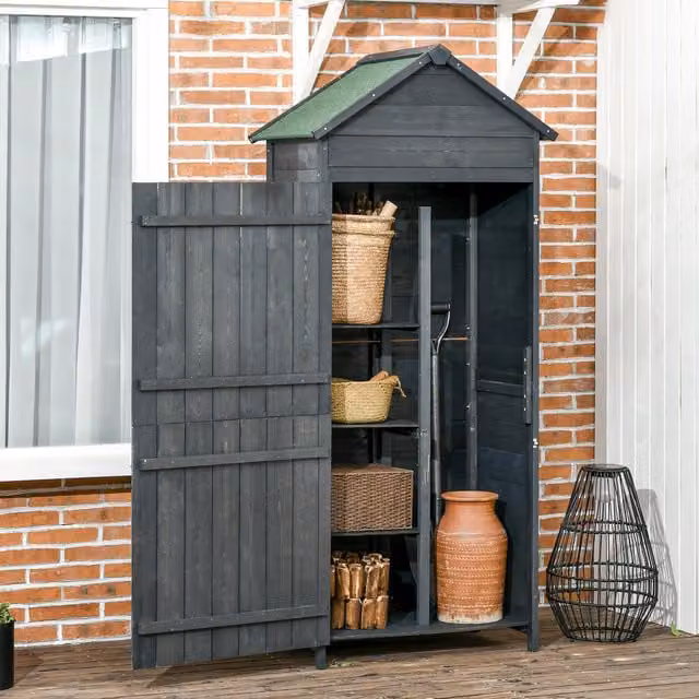 Outsunny Grey Wooden Garden Shed and Tall Tool Storage Cabinet with Double Doors and Internal Shelving